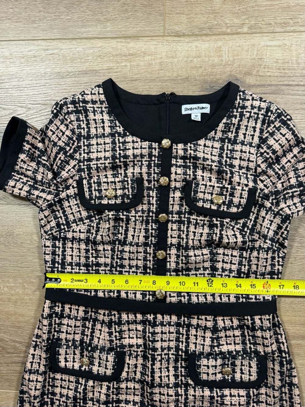 Shelby & Palmer Pink Black Plaid Tweed Sheath Dress Gold Button Trim Size 12 - Picture 12 of 16